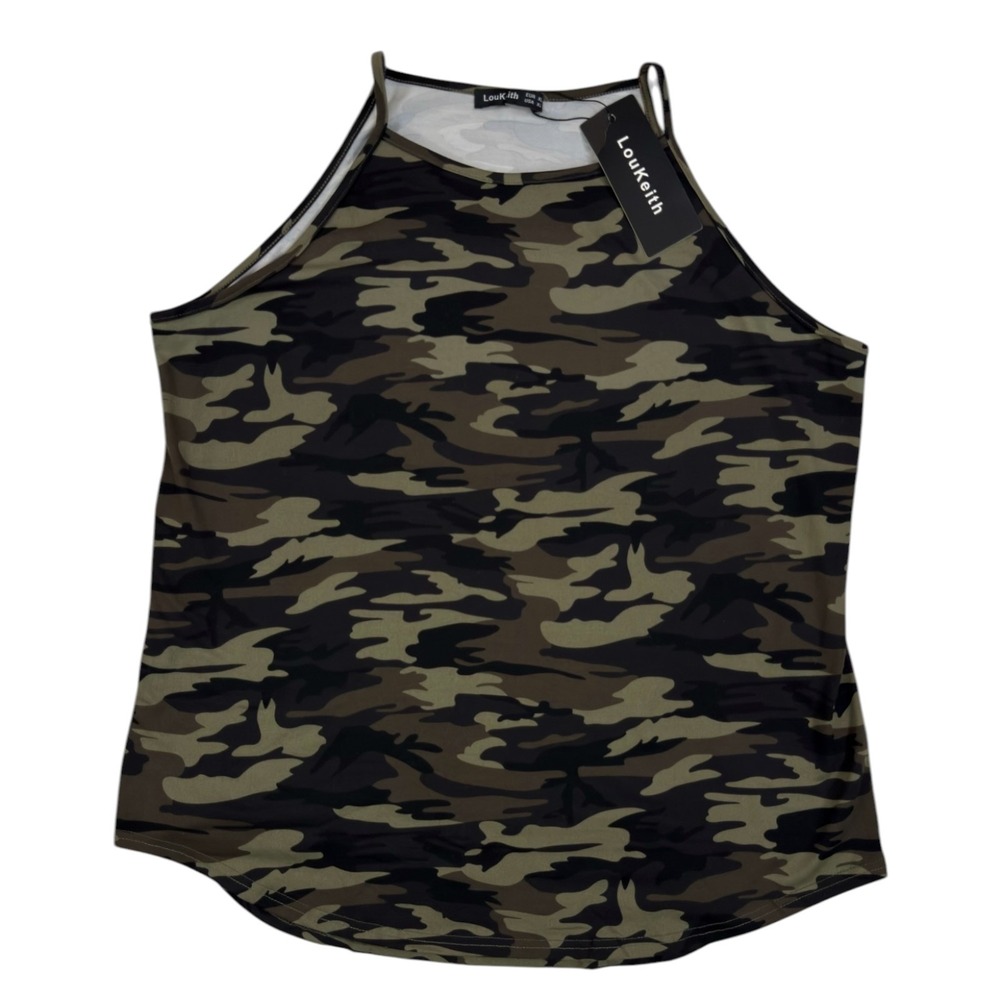 NEW LouKeith Camo Halter Tank Top W XL Green Camouflage Stretch Cotton Gorpcore